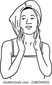 Woman Facial treatment Skincare after bath  Hand drawn line art illustration