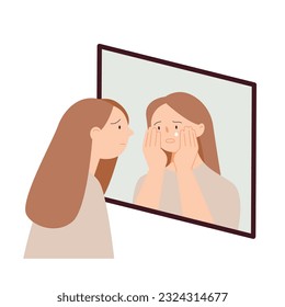 A woman is facing her inner self through a mirror. simple vector illustration.