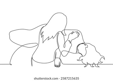 woman fainted or asleep, another woman wakes her up - one line art vector. concept wake up, fainted, first aid. Handmade vector not AI