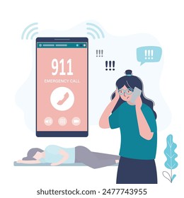 Woman faints, female user calls an ambulance or 911 via cellphone. Emergency call, fast first aid. Medical rescue and help. Healthcare, medicine treatment. flat vector illustration