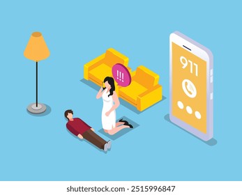 Woman faints, female user calls an ambulance or 911 via cellphone  3d isometric vector illustration