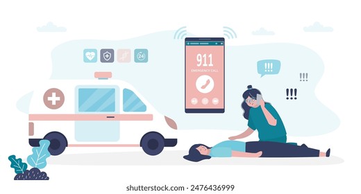 Woman faints on the street, girl uses cellphone and calls an ambulance or 911. Emergency call, ambulance truck in road. Fast first aid. Healthcare, medicine treatment. flat vector illustration