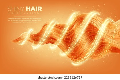 Woman fair hair protect shampoo. Red hair strand wave with glow shine sparkles. Realistic 3d vector glittering effect on bright sparkling curls. Radial light waves, protection, care of dye hair Ads