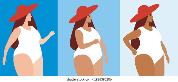 Woman with fair skin, tanning progress. Flat vector stock illustration. Attractive plus size woman with fair skin hat. Tanning concept. Illustration with suntan or tanning