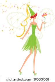 Woman in fairy costume wearing mask and wings holding a flower at Halloween party. 
