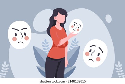 Woman with fake masks. Pretense and deception, character with psychological and mental problems. Lies and pretense, acting, emotions. Changing natural personality. Cartoon flat vector illustration