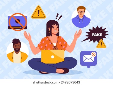 Woman with fake News. Angry girl sitting in lotus position with laptop and read information. Propaganda and disinformation from bad mass media. Flat vector illustration isolated on blue background