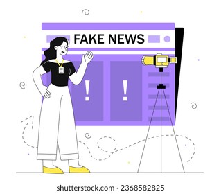 Woman with fake news line concept. Young girl with camera near information at board. Propaganda from mass media and lie. Anchor at television show. Linear flat vector illustration