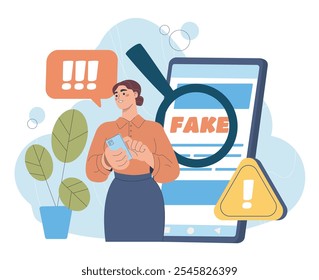 Woman with fake news. Young girl with smartphone reads news. Bad mass media and journalists. Propaganda and disinformation. Flat vector illustration isolated on white background