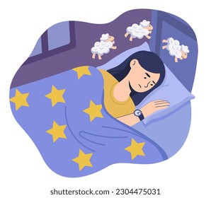 Woman falling asleep. Young girl lies on bed under blanket and counts sheep. Restoration of strength and correct regime of day, fight against insomnia. Cartoon flat vector illustration