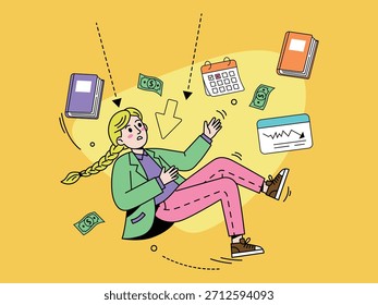 Mujer cayendo hacia atrás rodeada de dinero volador, wooks, un calendario con una fecha marcada y un gráfico financiero que muestra una tendencia a la baja