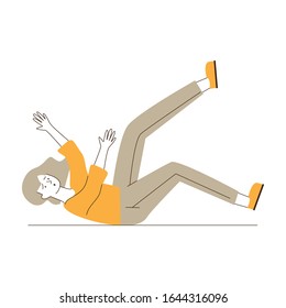 Woman falling down. Cartoon female character lying on slippery floor flat vector illustration. Carelessness, attention, accident concept for banner, website design or landing web page