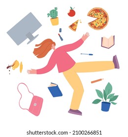 Woman falling down with different things. Female character fly, isolated girl fall with pizza, bag, book and computer monitor, vector concept.