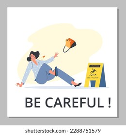 Woman falling down in front of wet floor caution sign, poster template - flat vector illustration. Person sliding on slippery floor, be careful inscription.