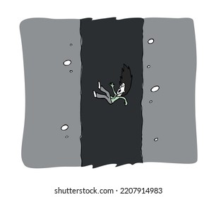 Woman falling down through a deep hole in the ground. Cartoon style vector illustration.