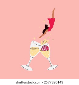 A woman is falling into a glass of champagne. Party time