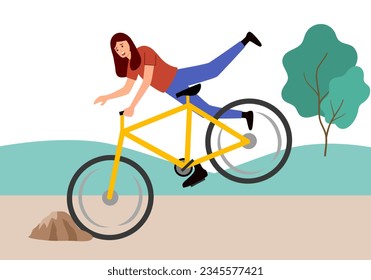 Woman falling off bike in flat design. Bicycle accident.