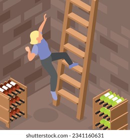 Woman falling off wooden ladder in wine cellar isometric background vector illustration
