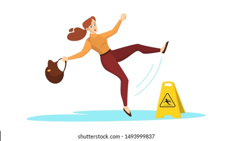 Woman falling on the wet floor. Caution sign, warning slippery floor. Injury and accident. Isolated vector illustration in cartoon style