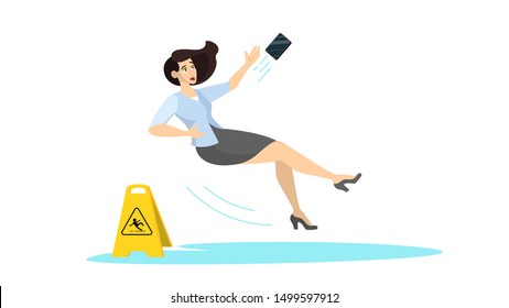Woman falling on the wet floor. Caution sign, warning slippery floor. Injury and accident. Isolated vector illustration in cartoon style