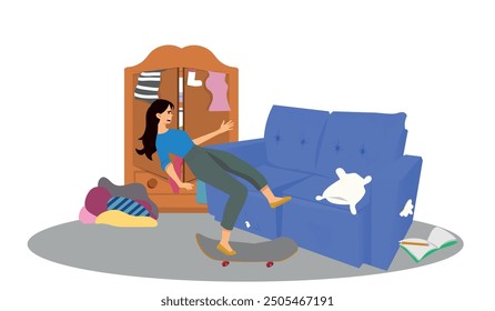 woman falling and tripping on a skateboard, domestic accident and messy house. vector illustration.