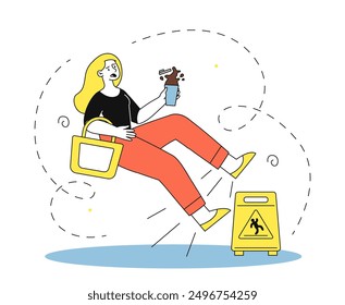 Woman falling at wet floor. Young girl slips in puddle of water. Accident and failure. Unhappy careless person. Danger and hazard indoors. Linear vector illustration isolated on white background