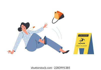 Woman falls by slipping on wet floor, cartoon flat vector illustration isolated on white background. Insured event against an accident and injury in public place.