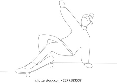 A woman falls on skateboard. Skateboarding one-line drawing