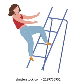 Woman falls from step ladder vector flat illustration. Female bad luck dangerous accident break down stairs hurt misfortune slip. Downstairs injured falling risk slide construction isolated