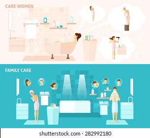 Woman and family hygiene and care flat horizontal banners set vector illustration