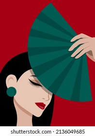 Woman with a fan. Black hair woman with fan. Red, black and emerald colors. Vector illustration. Beautiful fingers. Fashion vector illustration. Elegant woman with close eyes. Beautiful Female Hands.