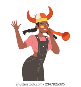 Woman Fan Character in Horn Hat with Trumpet Cheering for Sport Team Vector Illustration