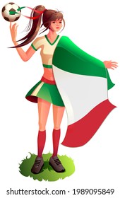 Woman fan soccer player in sports uniform hold italian flag and soccer ball. Vector cartoon illustration isolated on white
