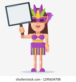 Woman with fancy costume celebrate mardi gras holding whiteboard sign