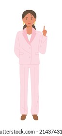A woman in a fancy pink suit is speaking with her fingers up. flat design style vector illustration.