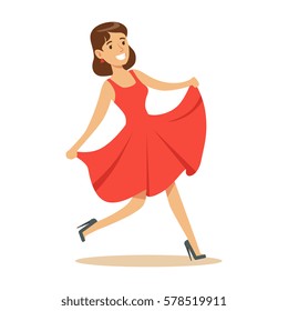 Woman In Fancy Red Dress Overwhelmed With Happiness And Joyfully Ecstatic, Happy Smiling Cartoon Character