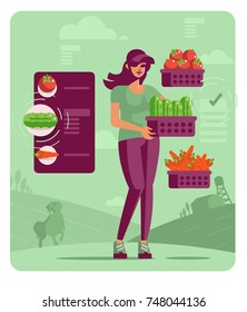 A woman farmer with a basket of fresh vegetables. Interactive menu. Vector illustration.