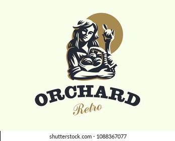 A woman farmer with a basket of fruits. Vintage vector logo.