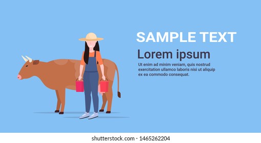 woman farmer carrying fresh milk pails domestic animal cattle eco farming breeding concept flat full length copy space horizontal