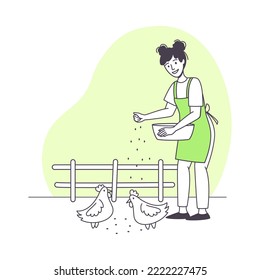 Woman Farmer Character in Apron Feeding Chicken in the Yard with Grain Doing Agricultural Work Vector Illustration