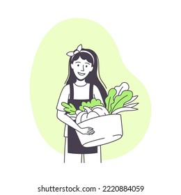 Woman Farmer Character Holding Basket with Harvested Crop Doing Agricultural Work Vector Illustration