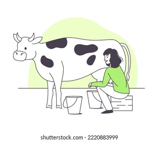 Woman Farmer Character Milking Cow with Bucket Doing Agricultural Work Vector Illustration
