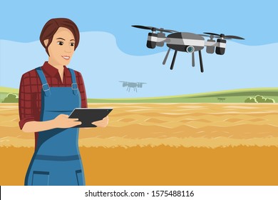 Woman farmer control drone on a wheat field. Digital transformation in agriculture and smart farming. Vector illustration EPS10