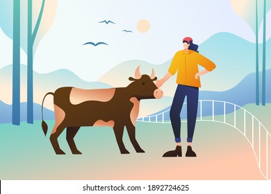A woman farmer in a corral with a cow against the background of an abstract landscape, birds against the background of the sun and clouds. Modern flat design, a milkmaid in a scarf with a cattle.