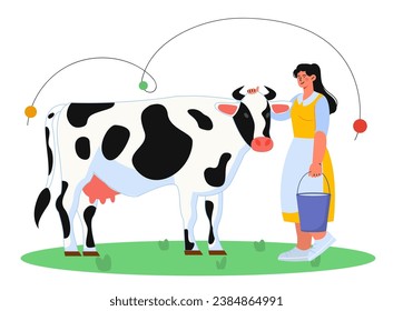 Woman farmer with cow concept. Farming and agriculture. Young girl with bicket near domestic animal and cattle. Milk production. Cartoon flat vector illustration isolated on white background