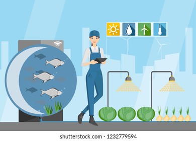 Woman farmer with digital tablet. Growing plants in the greenhouse with aquaponics system. Vector illustration.