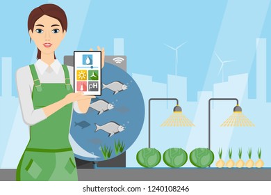 Woman farmer with digital tablet. Growing plants in the greenhouse with aquaponics system. Vector illustration.