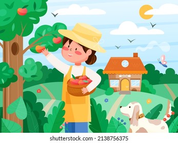 Woman farmer is engaged in seasonal harvesting of apples. Female worker with a basket of apples, sunny day, meadow with flowers, village house and cute dog. Vector illustration.