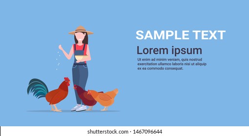 woman farmer feeding chicken and rooster poultry breeding farming agriculture concept girl in hat and robe holding tray with wheat flat full length horizontal copy space