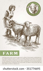woman farmer feeding sheep. sketch made by hand on a white background